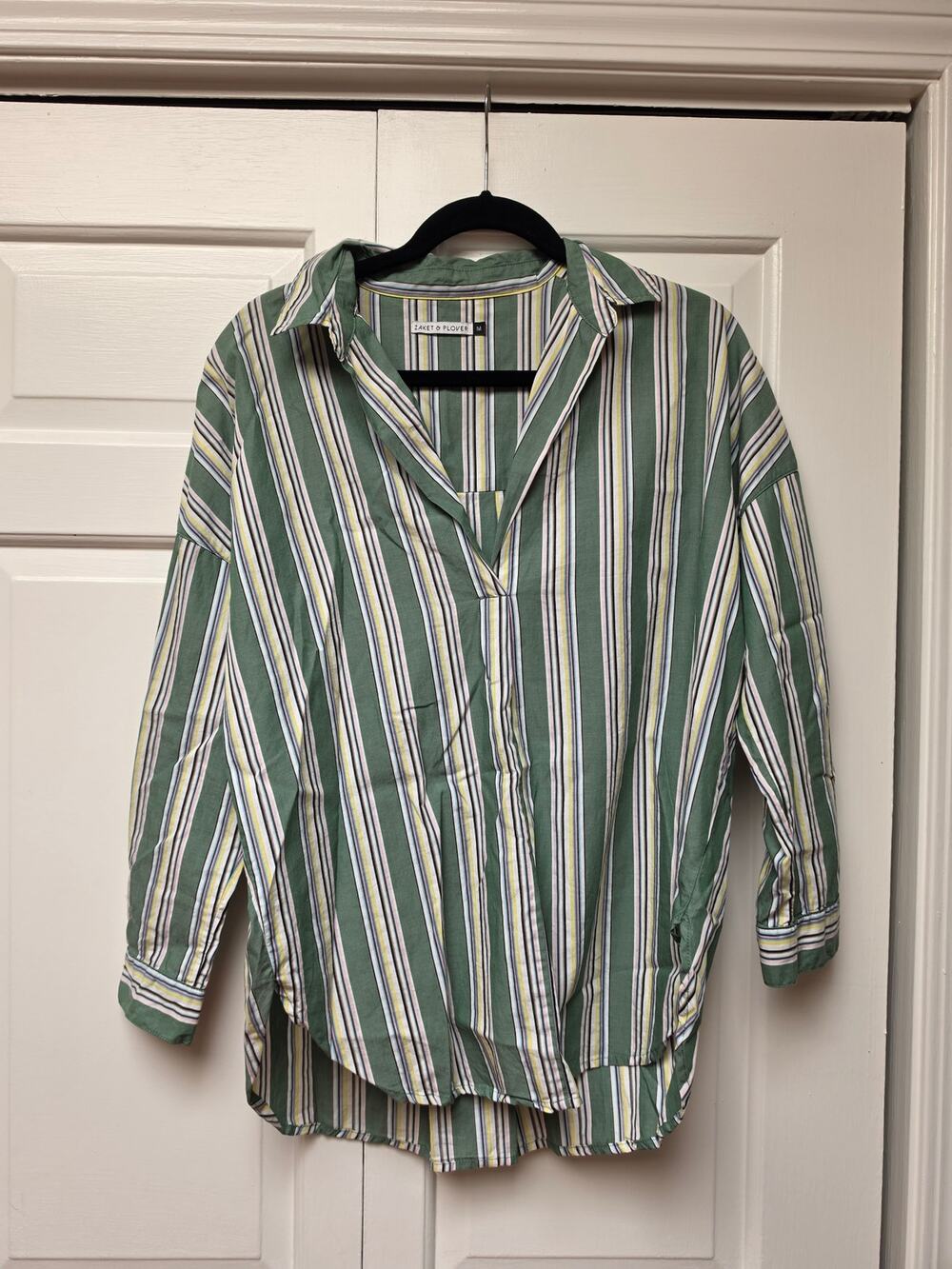Zaket & Plover Green Striped Cotton Shirt Oversized High Low Size M